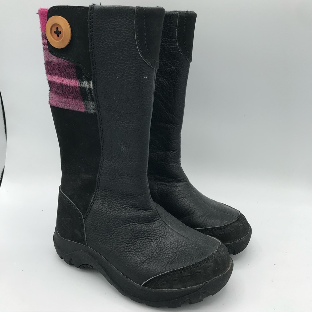 Keen Darby Boots Girls Black Pink Plaid Knee High Boots Sz 10 Leather Full Zip